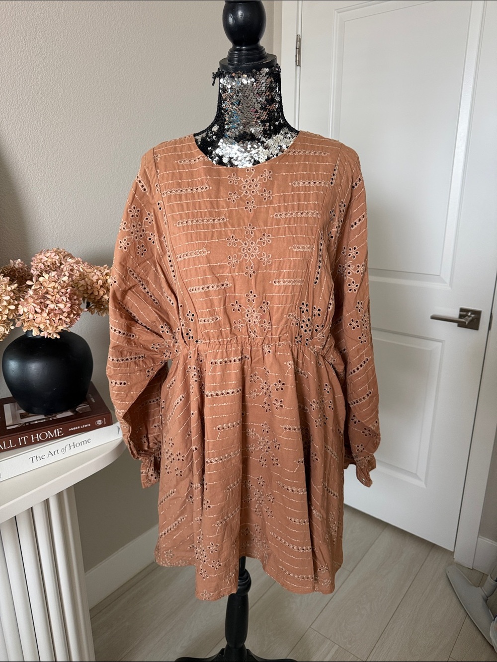Long-Sleeve Eyelet Tiered Dress in Rust